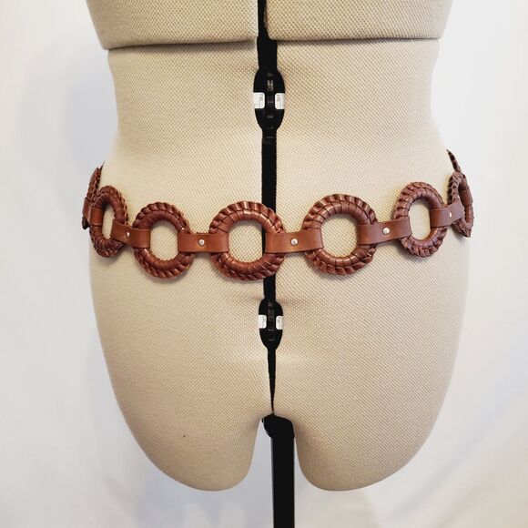 Fossil Women's Belt Large Brown Leather Wrapped Circles Tassel Tie Closure Boho - Picture 2 of 5